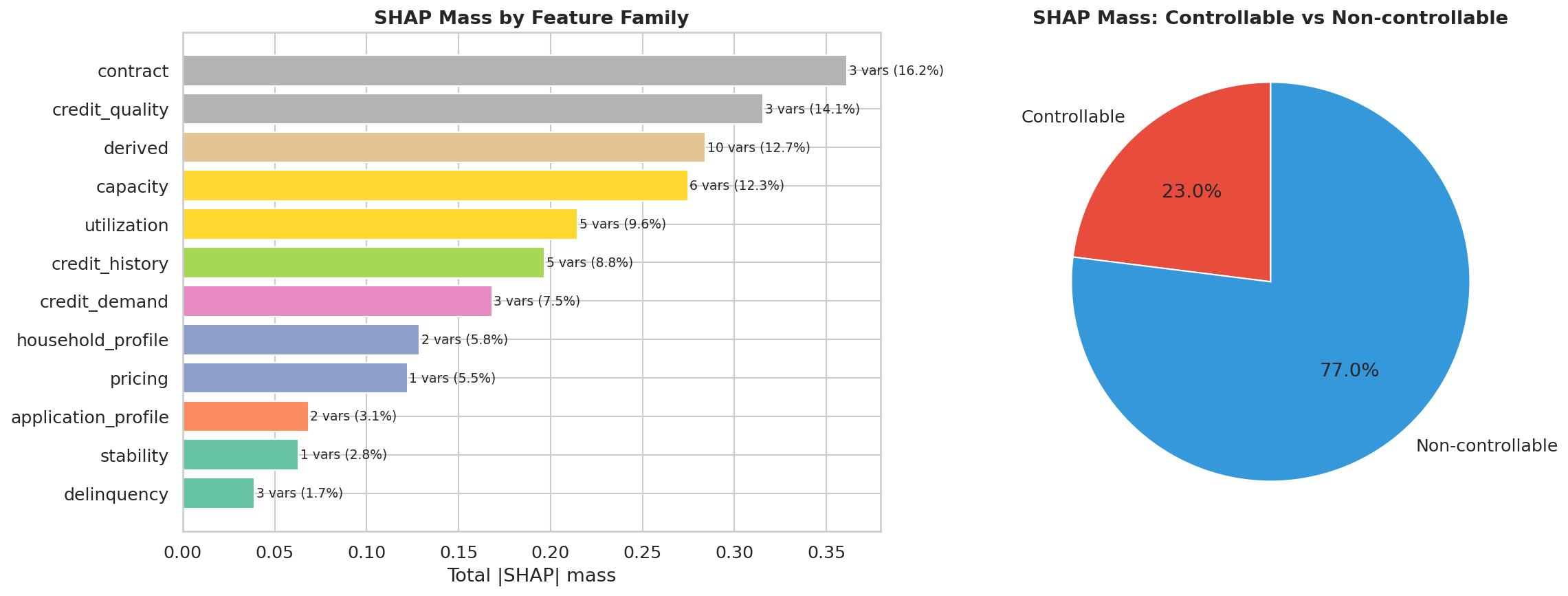 Descomposición del feature set canónico por familia de origen: ratios, flags, categorías, WOE y variables crudas.